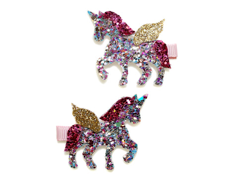 Winged Unicorn Glitter Clips - Multi