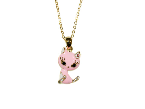 Kitty Enamel & Diamante Necklace - Gold/Pink