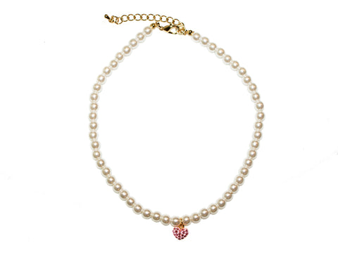 Diamante Heart Pearl Necklace - Pearl/Pink