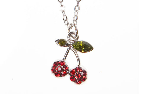 Cherry Flower Diamante Necklace - Silver/Red/Green