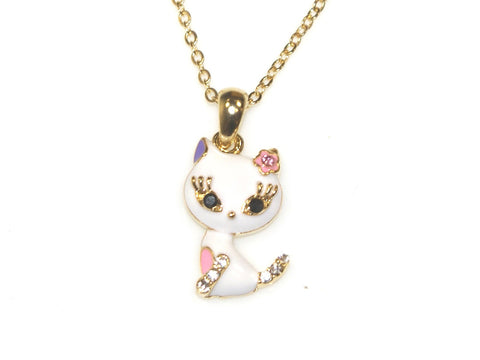 Kitty Enamel & Diamante Necklace - Gold/White