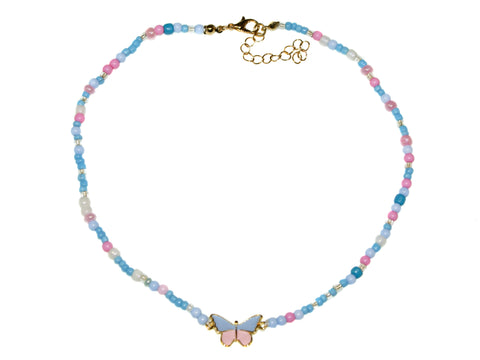 Butterfly Bead Necklace - Blue-Pink