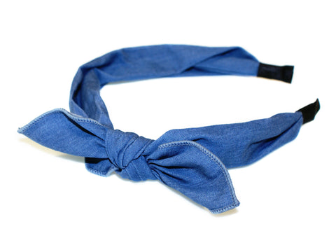 Denim Tie Bow Covered Alice Band - Mid Blue