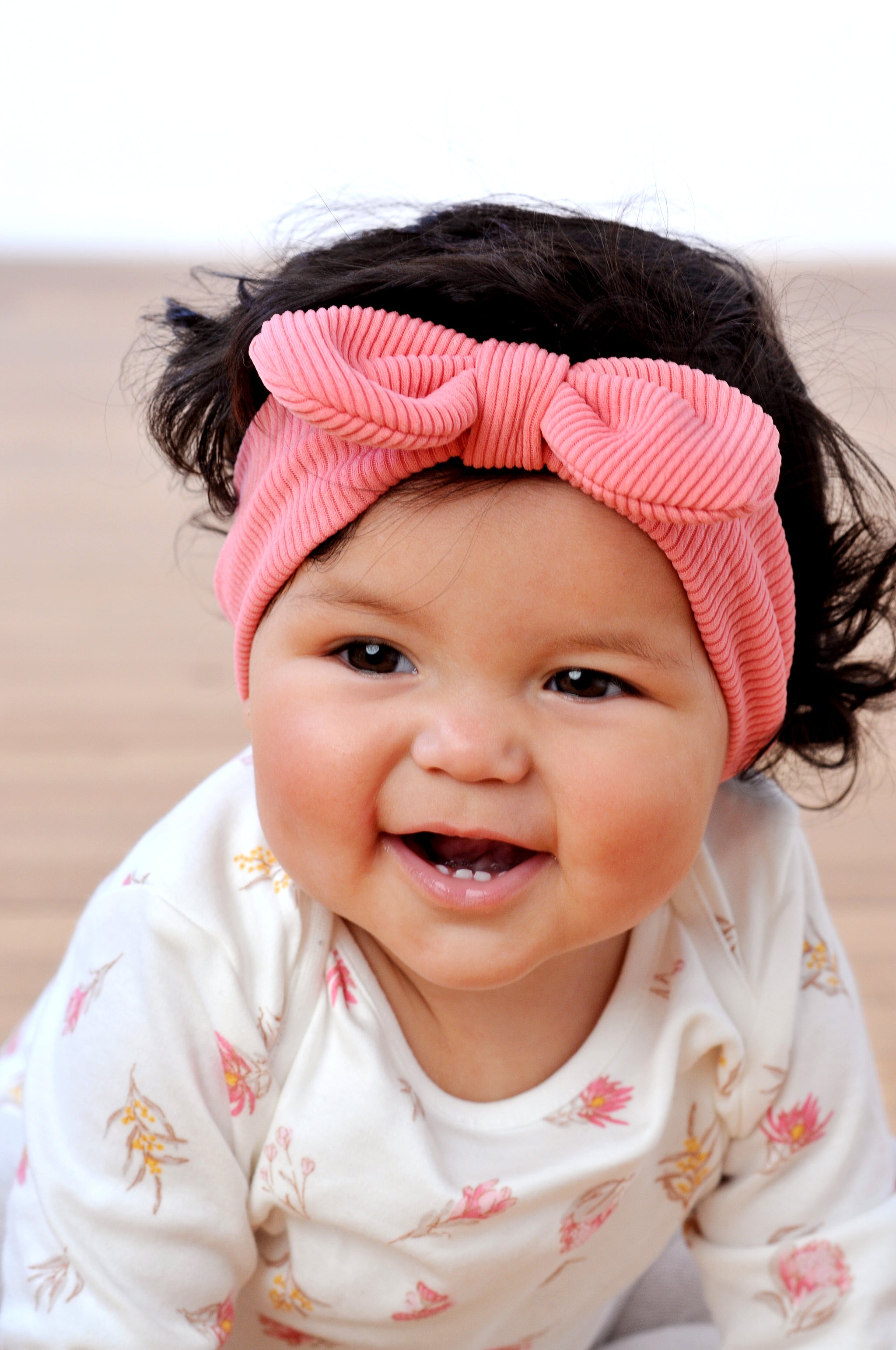 Round Bow Ribbed Baby Headband Dark Pink - Main Image