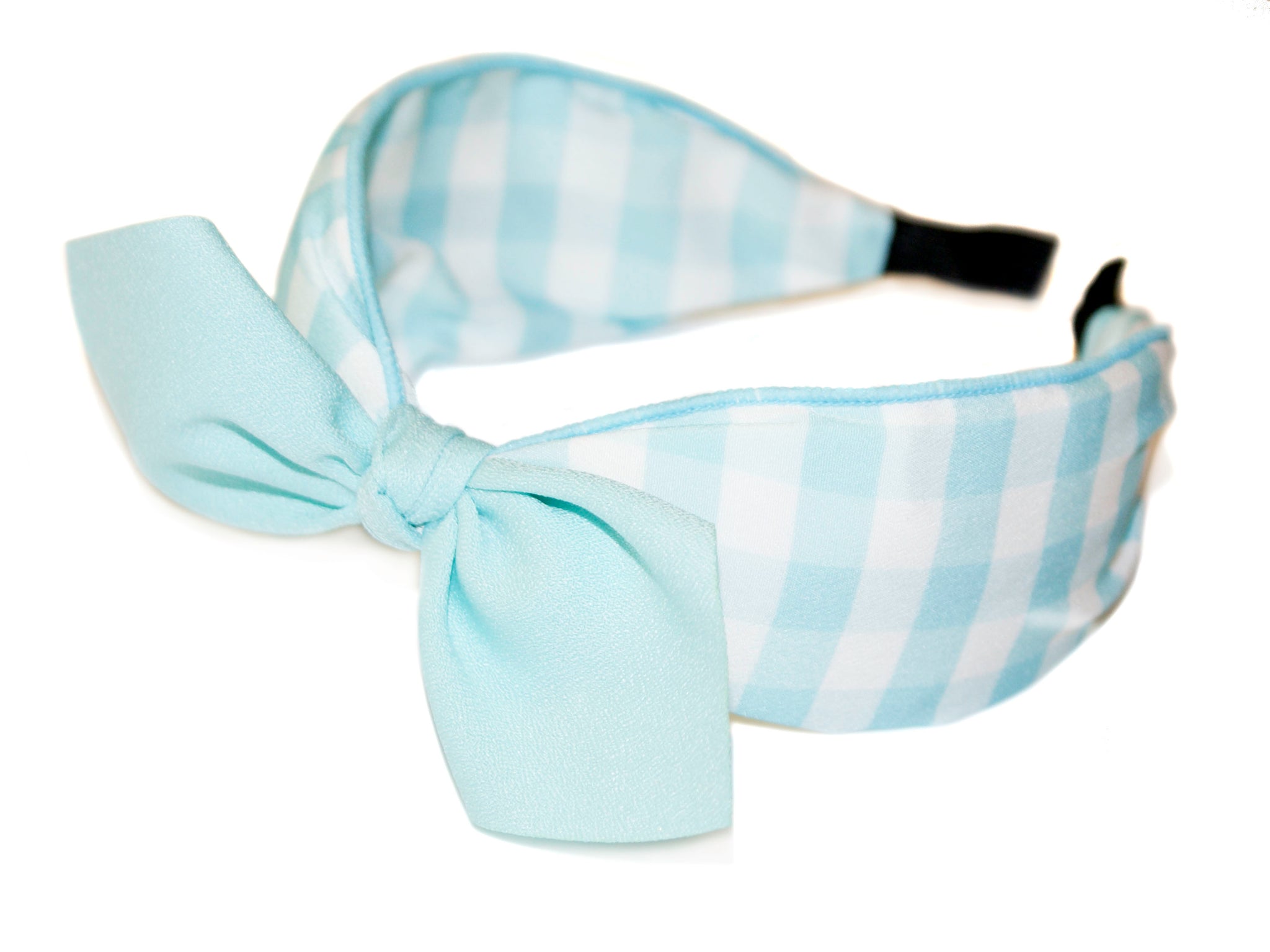 Gingham Tie Bow Alice Band - Blue