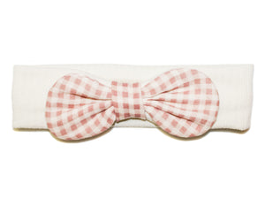 Round Bow Ribbed Baby Headband - Ivory-Pink Check