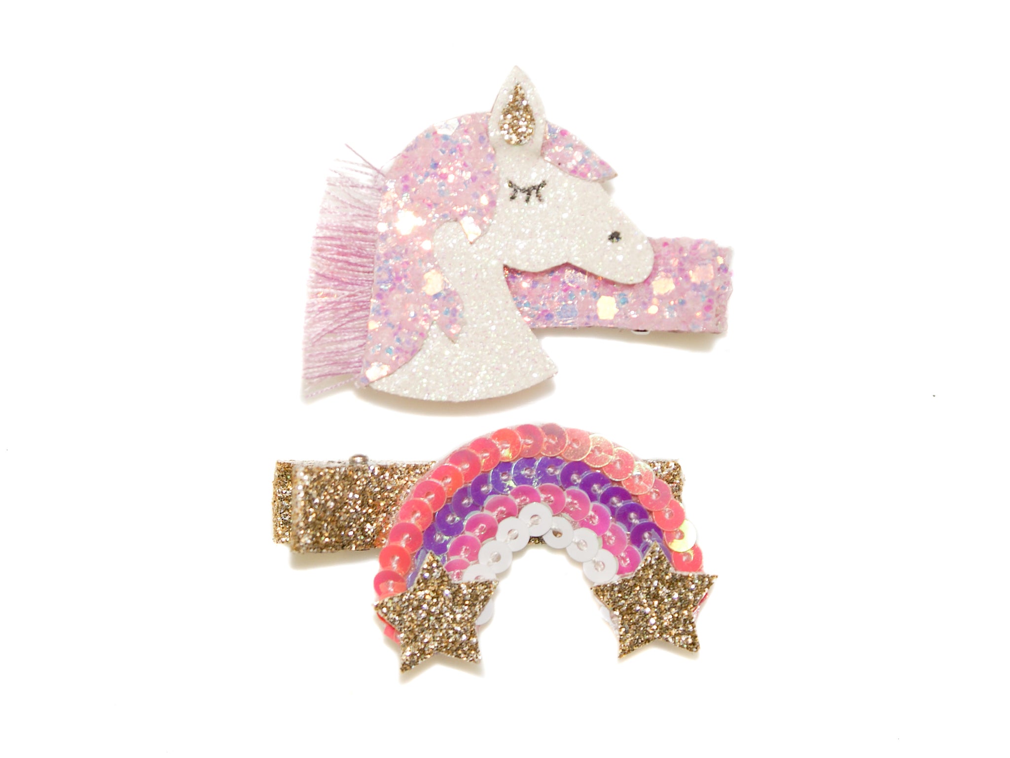 Unicorn + Sequin Star Rainbow Clips - Pink