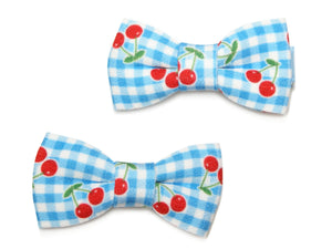 Cherry Gingham Bow Clips - Blue