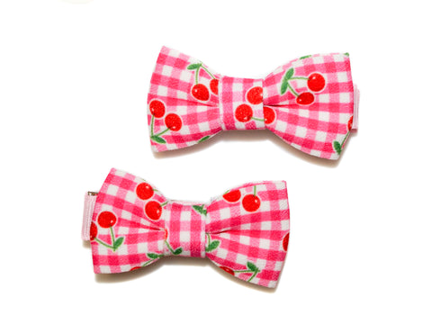 Cherry Gingham Bow Clips - Pink