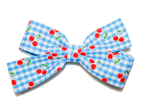 Cherry Gingham Big Bow Clip - Blue