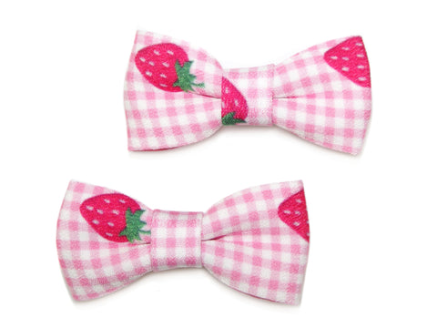 Strawberry Gingham Bow Clips - Pink