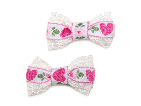 Scandi Heart Lace Bow Clips - Pink