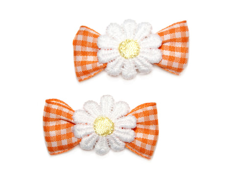 Gingham Daisy Bow Clips - Orange