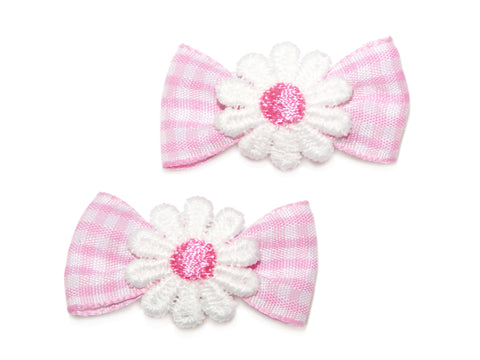 Gingham Daisy Bow Clips - Pink