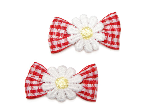 Gingham Daisy Bow Clips - Red