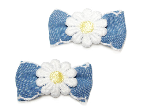 Denim Daisy Bow Clips - Denim