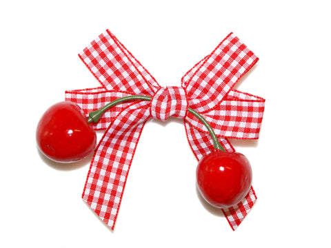 Two Cherries Gingham Big Bow Clip - Red