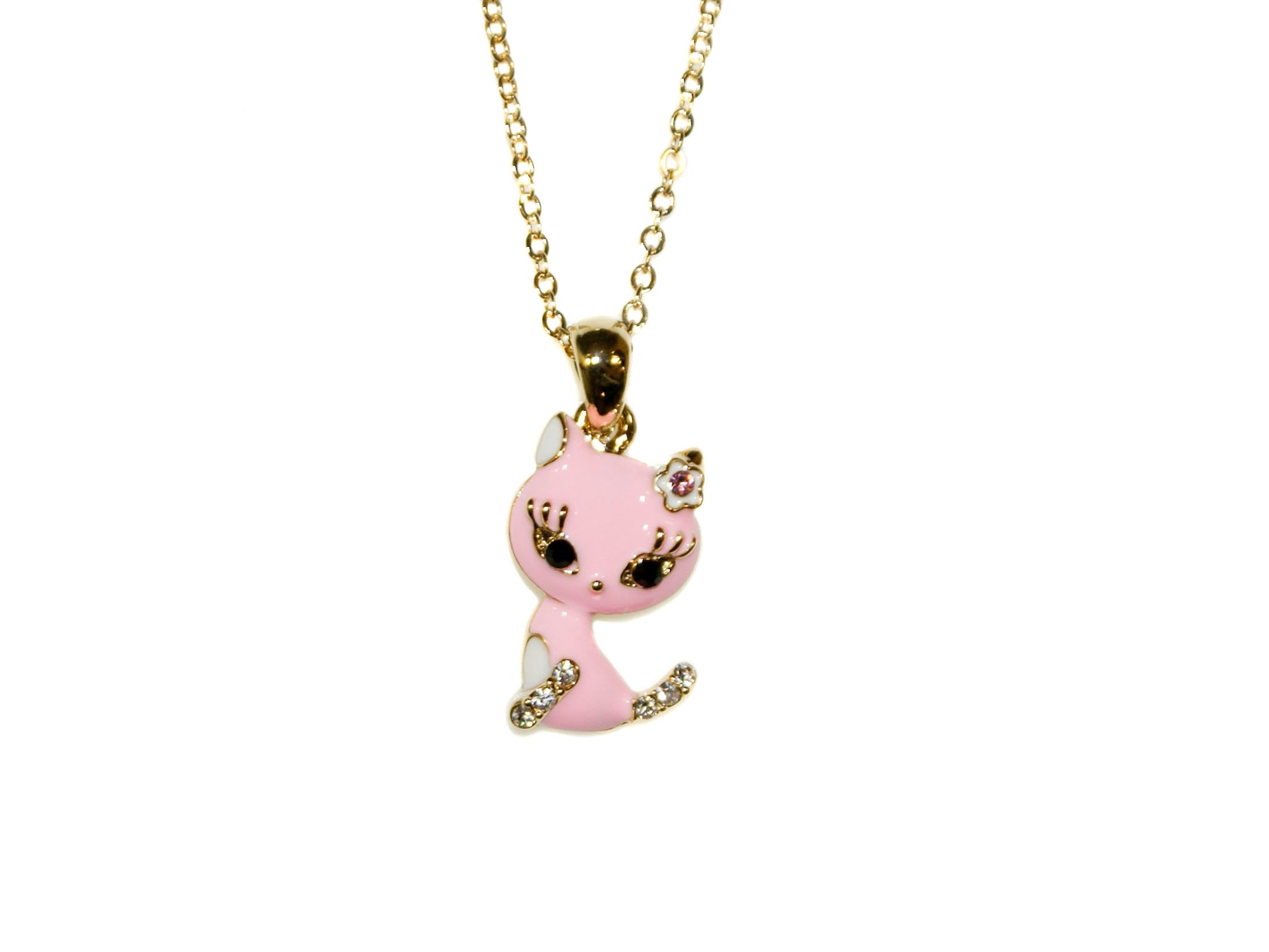 Kitty Enamel & Diamante Necklace - Gold/Pink