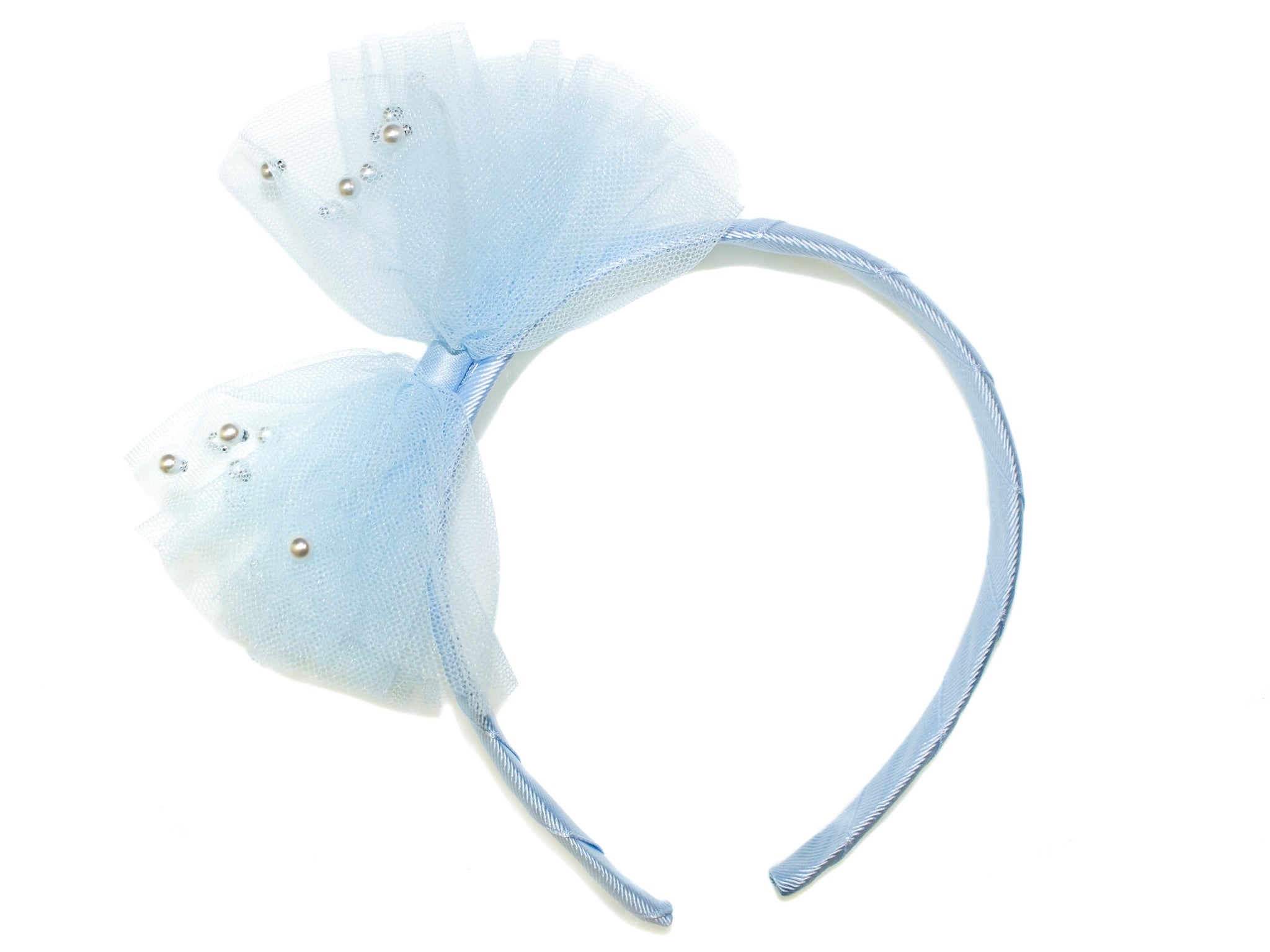 Pearl Tulle Bow Alice Band - Blue