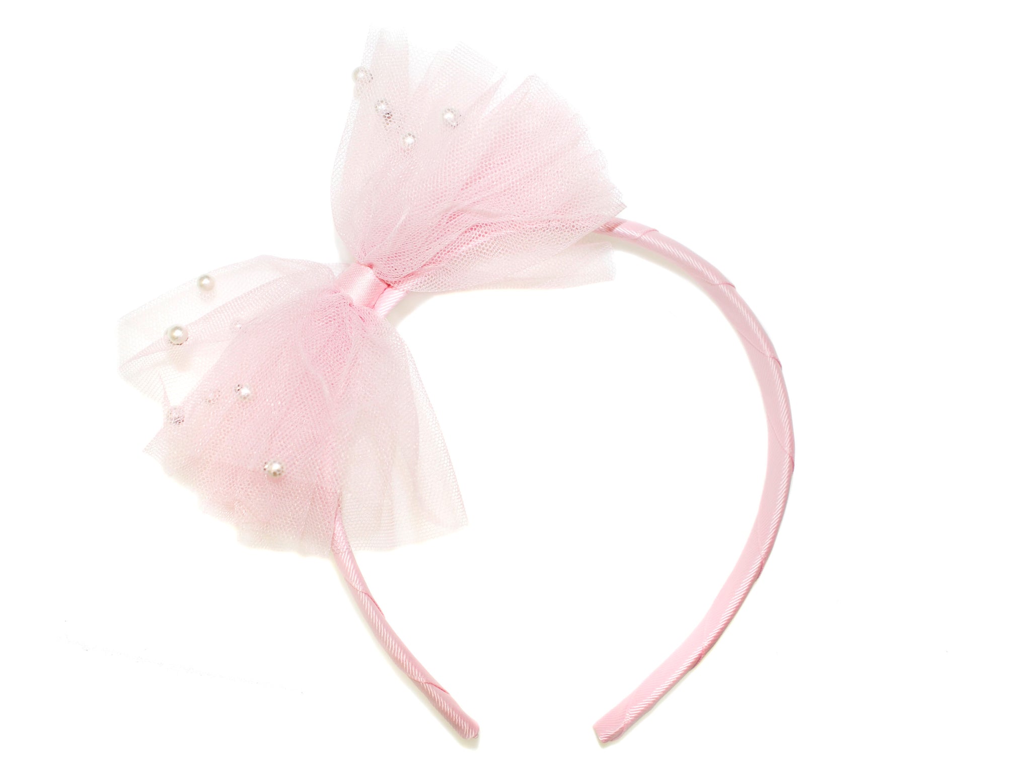 Pearl Tulle Bow Alice Band - Light Pink