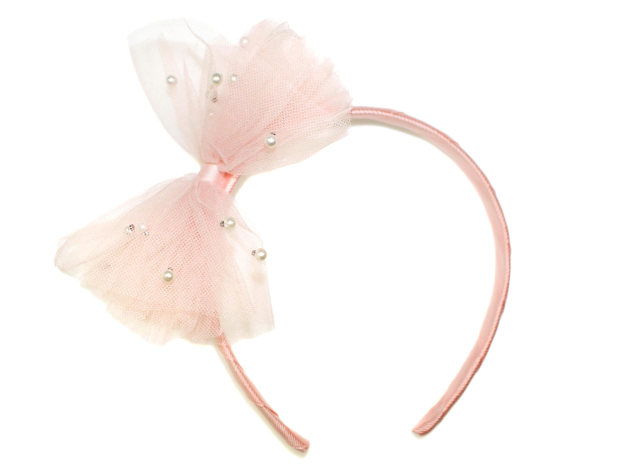 Pearl Tulle Bow Alice Band - Peach