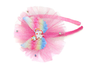 Unicorn Glitter Wing Tulle Rosette Alice Band - Dark Pink