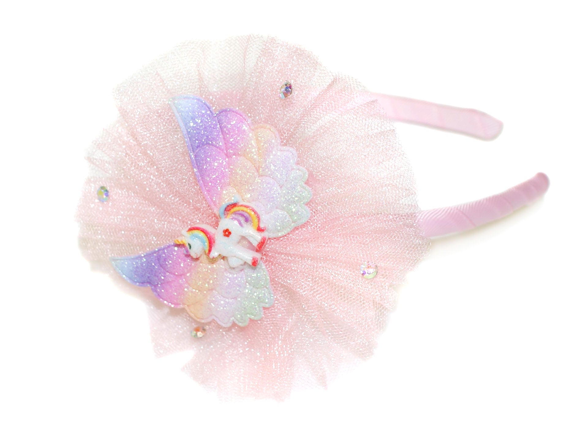 Unicorn Glitter Wing Tulle Rosette Alice Band - Light Pink