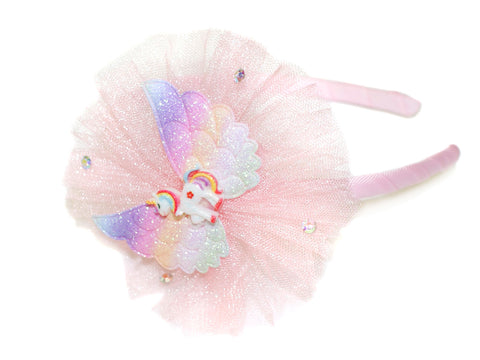 Unicorn Glitter Wing Tulle Rosette Alice Band - Light Pink