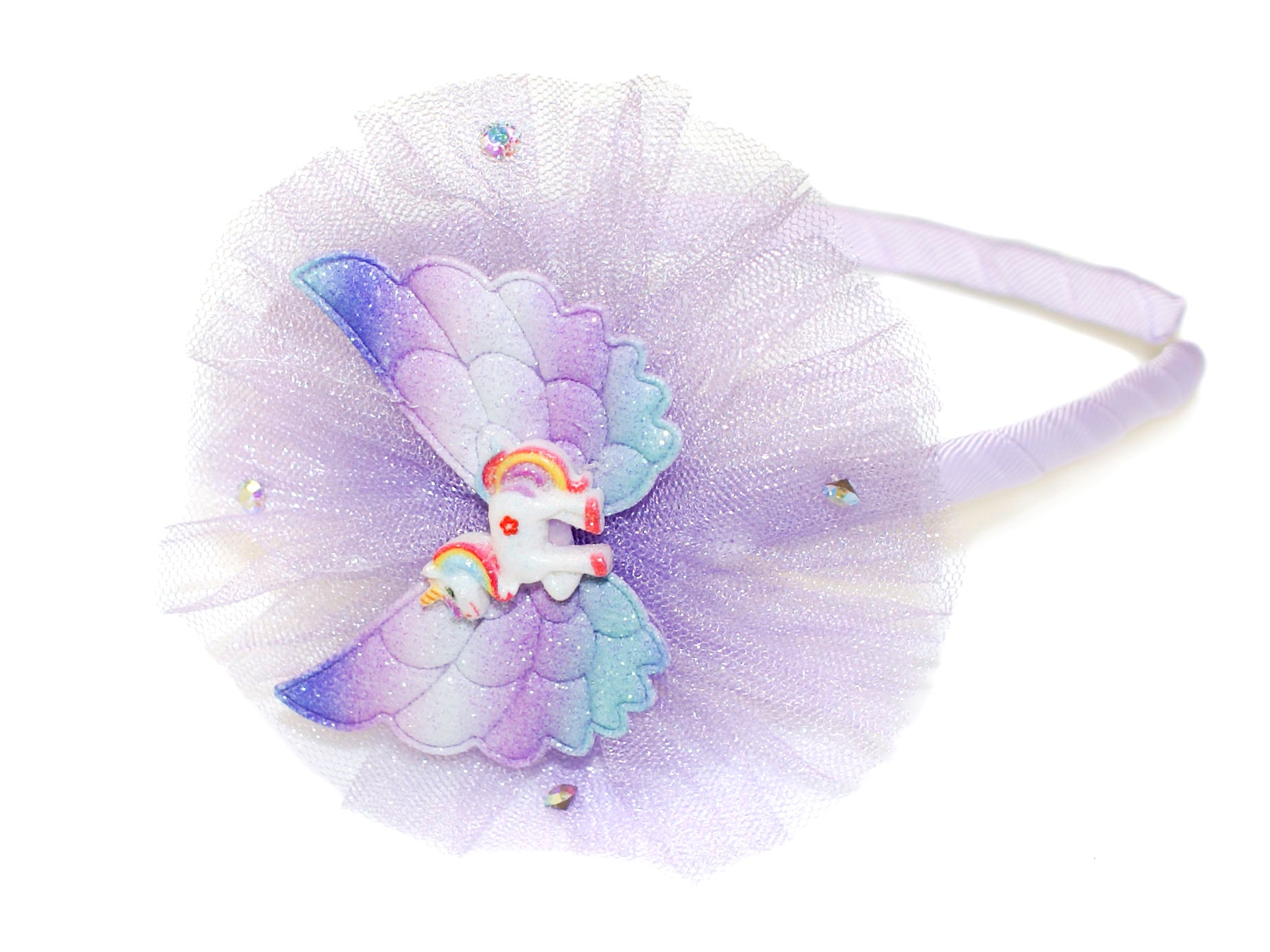 Unicorn Glitter Wing Tulle Rosette Alice Band - Lilac
