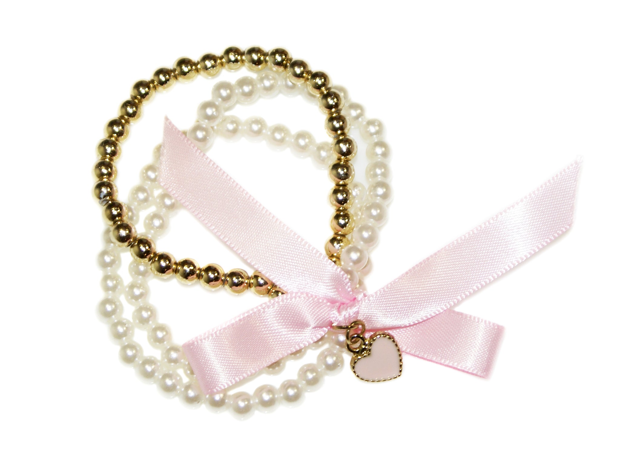 Bow & Heart 3 Line Bracelet - Pink/Gold/Pearl