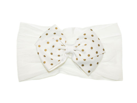 Gold Dot Grosgrain Bow Baby Headband - White/Gold