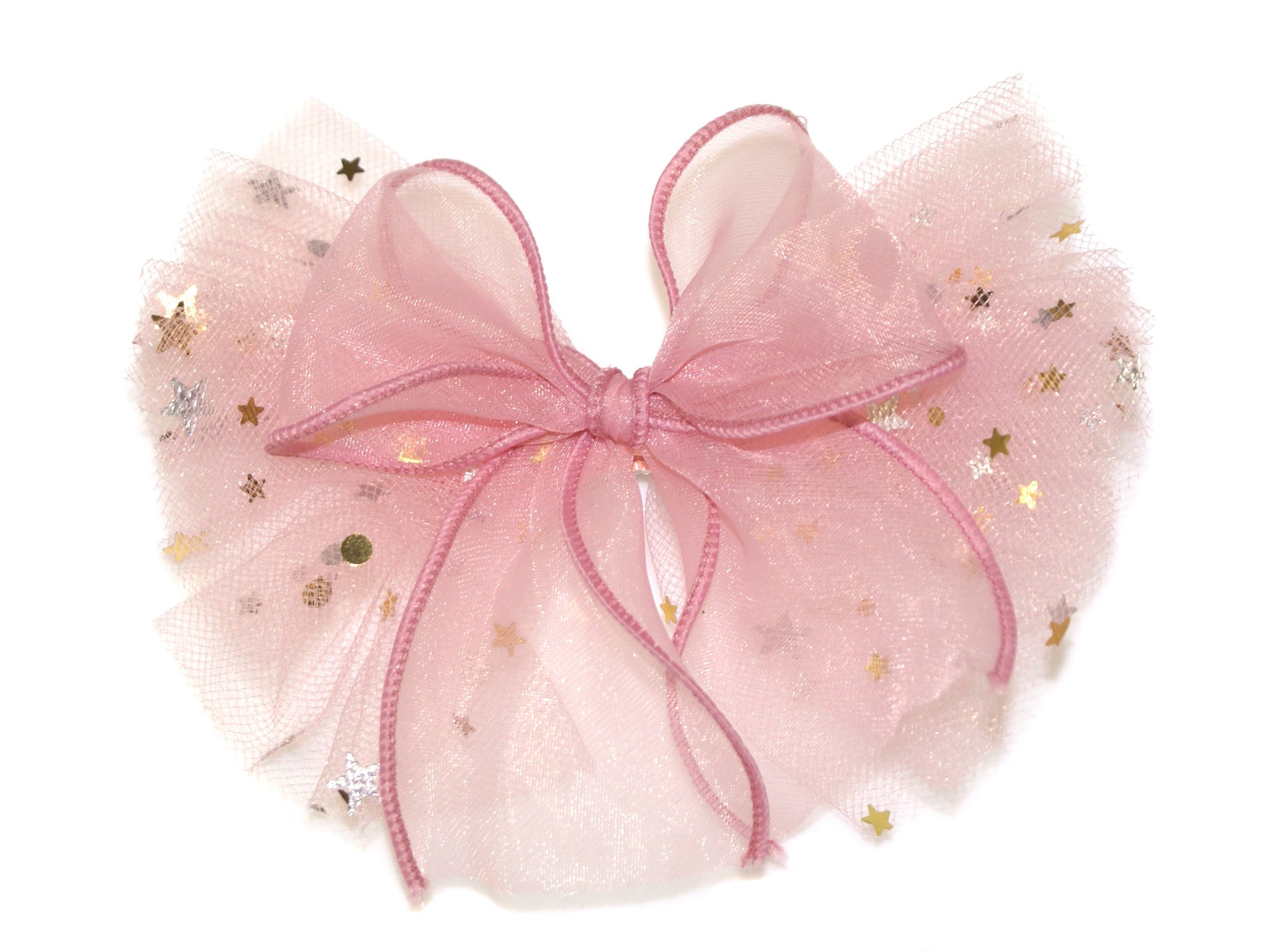 Star Tulle & Chiffon Double Big Bow Clip - Pink