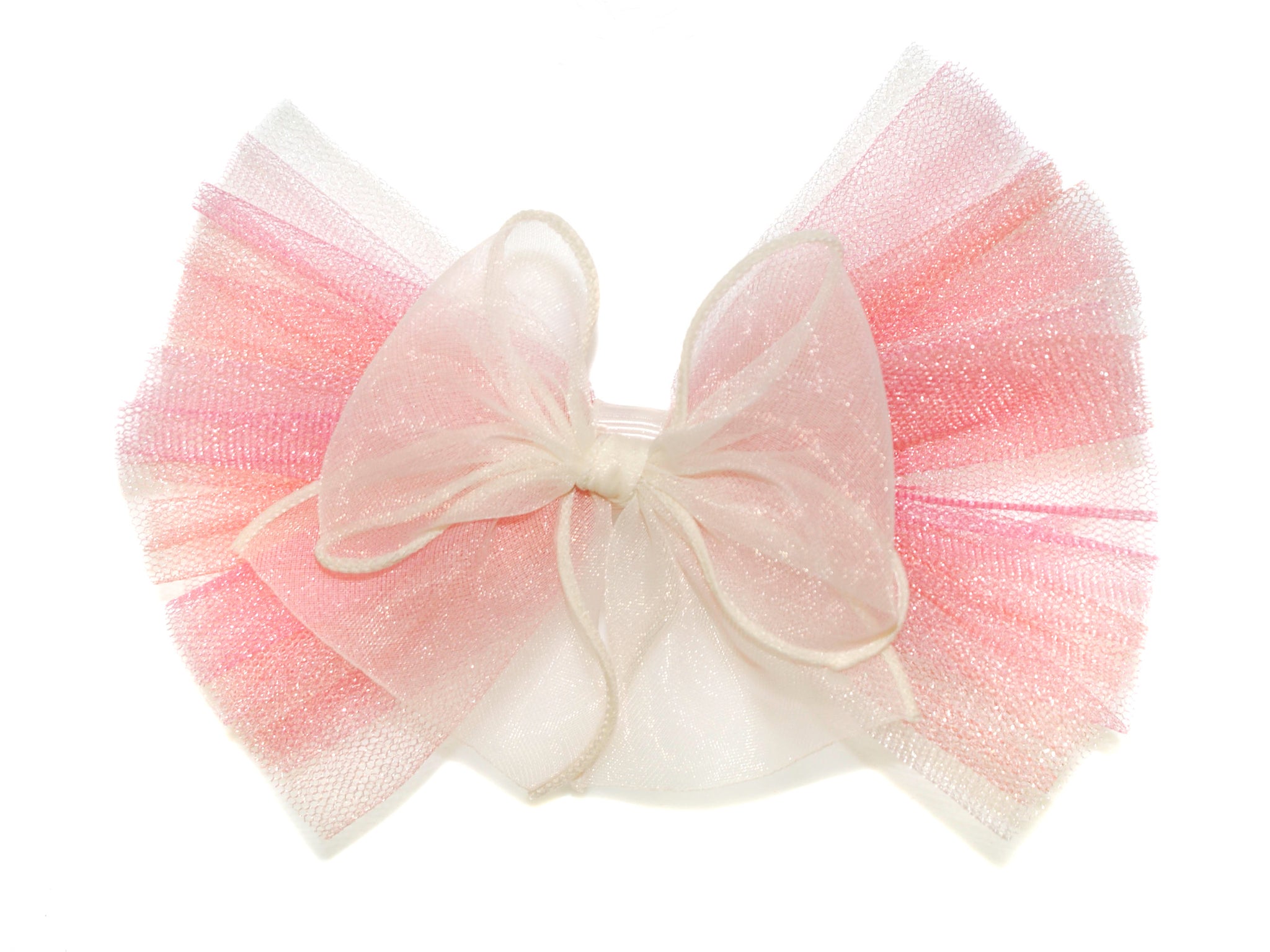 Striped Tulle Double Bow Clip - Pink/Ivory