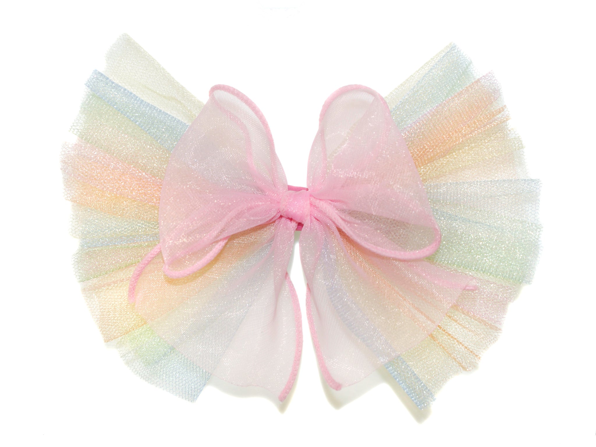 Striped Tulle Double Bow Clip - Rainbow
