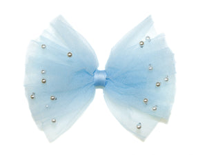 Pearl Tulle Big Bow Clip - Blue
