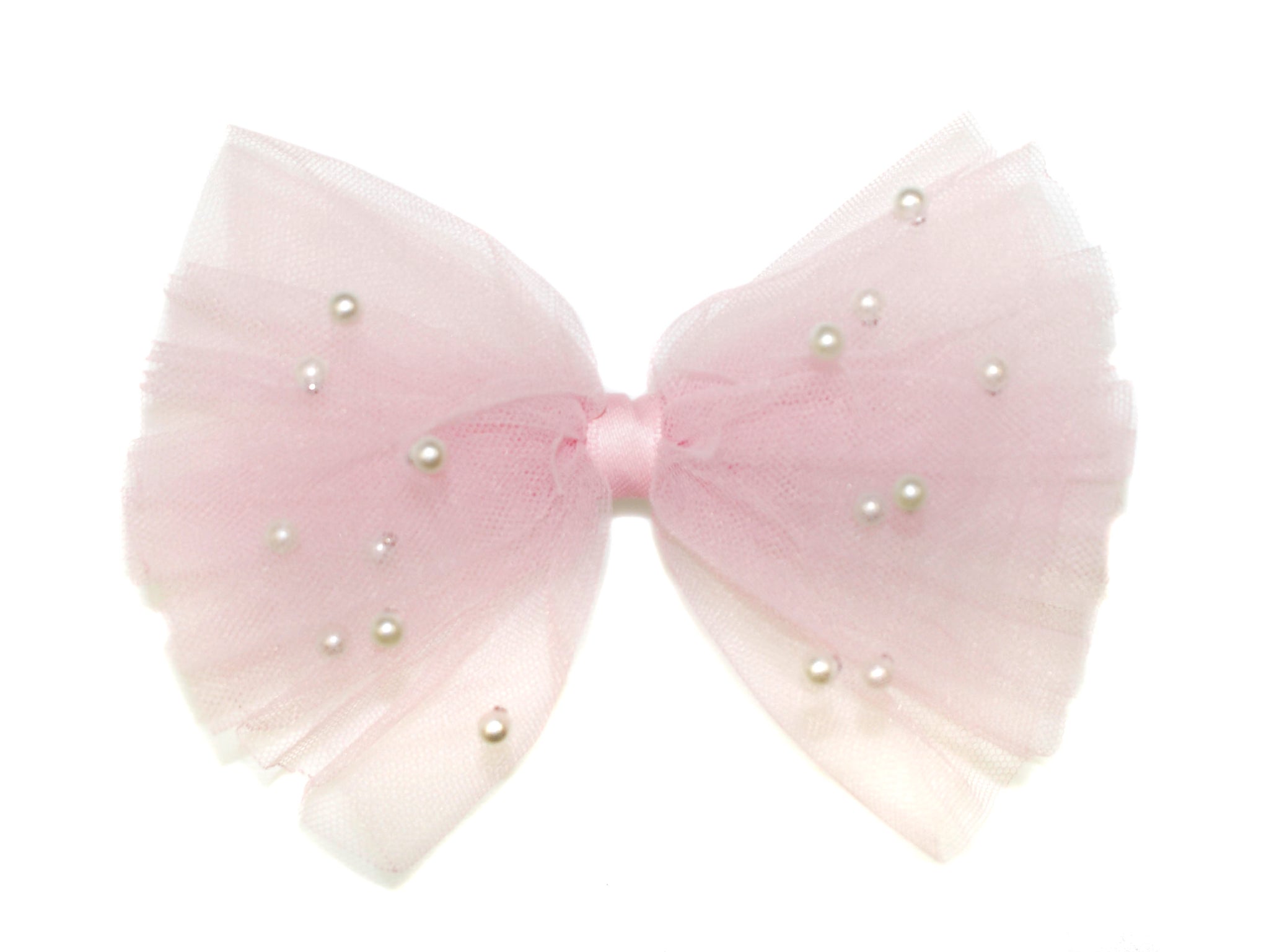 Pearl Tulle Big Bow Clip - Light Pink