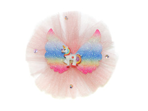 Unicorn Glitter Wing Tulle Rosette Clip - Peach