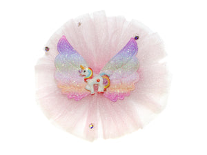 Unicorn Glitter Wing Tulle Rosette Clip - Pink
