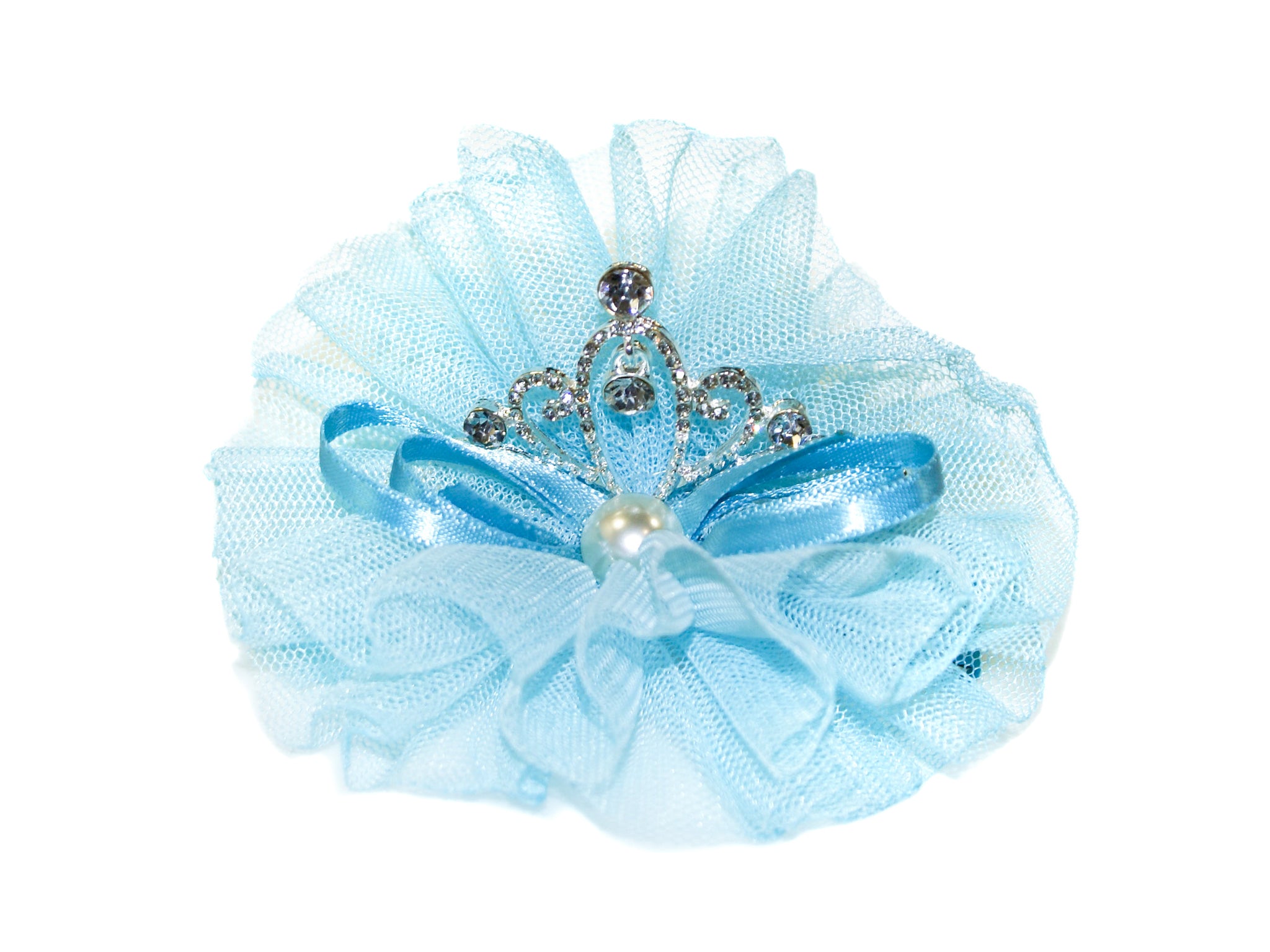 Tulle Pearl Bow Diamante Tiara Clip - Blue