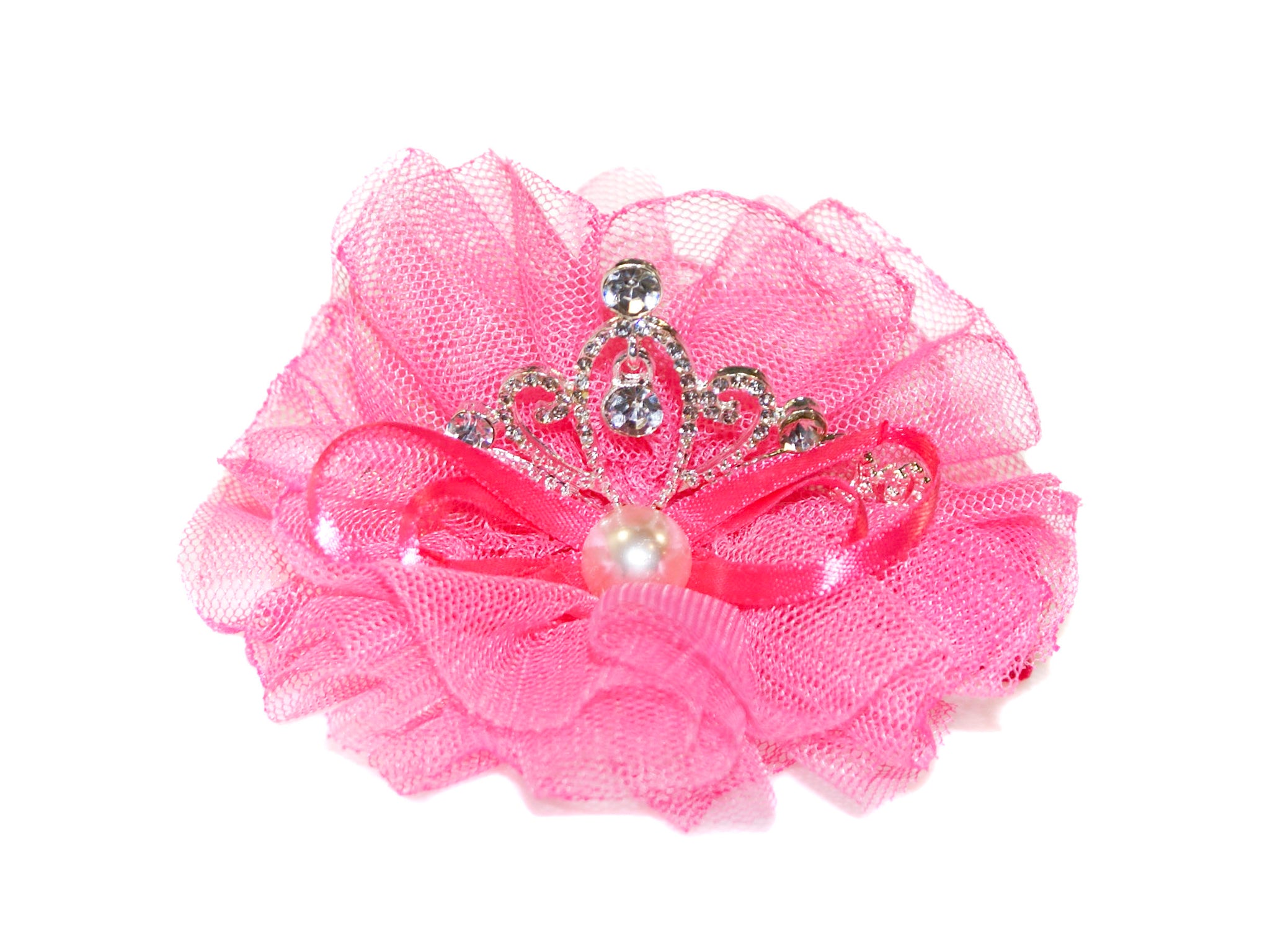 Tulle Pearl Bow Diamante Tiara Clip - Dark Pink