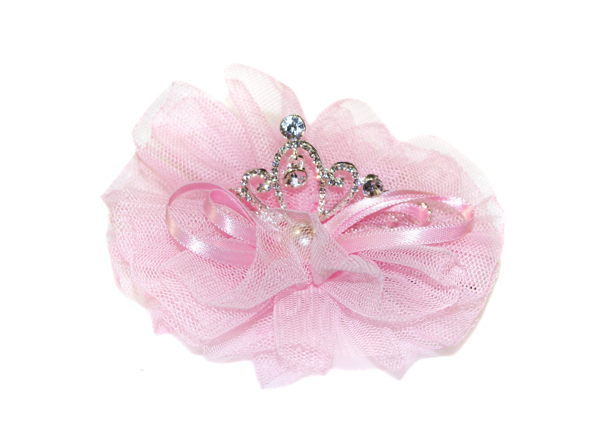 Tulle Pearl Bow Diamante Tiara Clip - Light Pink