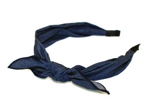 Denim Tie Bow Covered Alice Band - Indigo